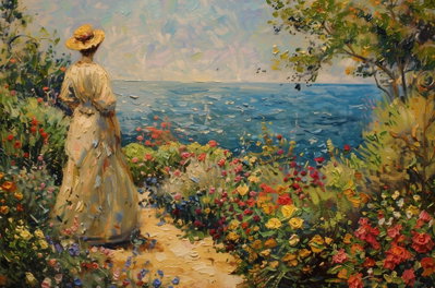 Nostalgic impression a – motivvy. En figur i ljusa kläder står bland färgrika blommor och blickar mot blått vatten.