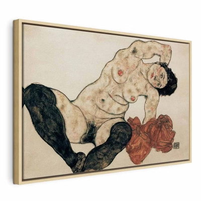 Egon schiele liegender akt – naturfärgad ram. En liggande naken figur återges med markerade konturer och dämpade hudtoner mot ljust och rostrött.