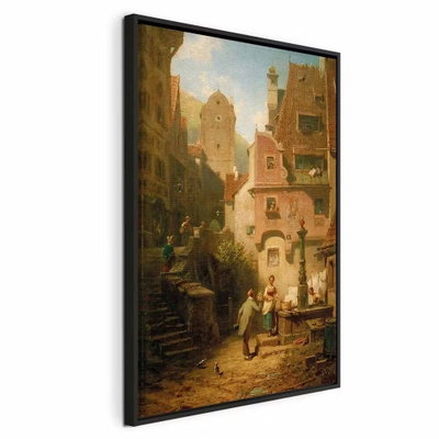 Carl spitzweg well wisher – svart ram. Små figurer står kring en brunn mellan varma, gulbruna husfasader med små fönster och detaljer.