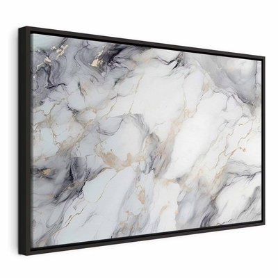 Elegant marble stone – svart ram. Grå, svarta och varmt beige ådror löper över en vit, tryckt marmoryta med mjuka skiftningar.