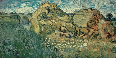 Vincent van gogh field with – motivvy. Ett grönt fält och träd i bildens ena del återges med tydliga penseldrag och sammanhållna färgfält.