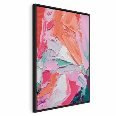 Energetic colors abstract – svart ram. Kraftiga, tryckta penselspår i rosa, korall, orange, vitt och blekt grönt överlappar varandra.