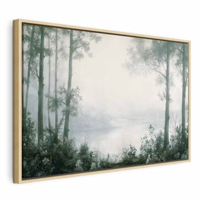 Retro landscape grove trees – naturfärgad ram. Gröna träd och buskar ramar in ett stilla, ljust vattenparti med dimma längre bort.