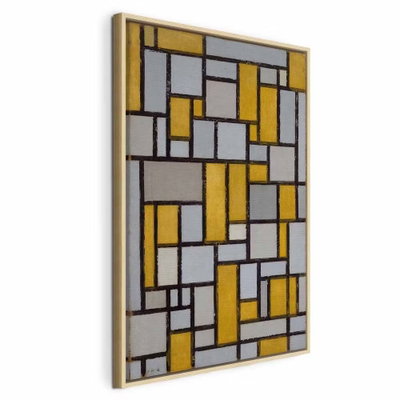 Piet mondrian composition – naturfärgad ram. Svarta linjer delar in ljusa och gula rektanglar i ett tätt geometriskt mönster.