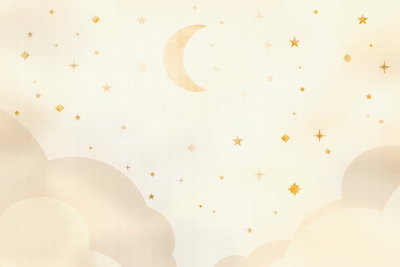 Bright night moon – motivvy. En gul månskära och små stjärnor svävar ovan ljusa, rundade moln i en crèmefärgad illustration.