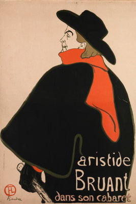 Aristide bruant dans son – motivvy. En man i stor svart hatt, svart rock och röd halsduk står mot en varm, ljust orange bakgrund med tryckt text.