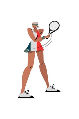 Tennis player with a racket – motivvy. En stiliserad tennisspelare med racket och kläder i rött och blågrönt framträder mot vitt.