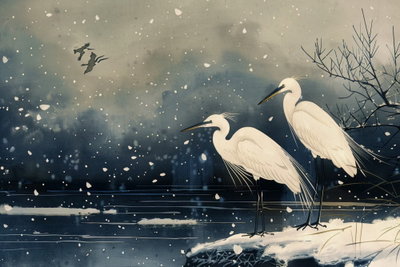 Herons over a winter pond – motivvy. Två vita hägrar står vid mörkt vatten med snö på grenarna och små ljusa flingor i luften.