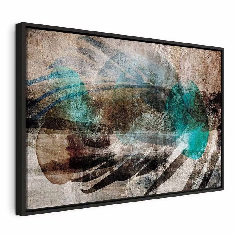Abstract plume wide – svart ram. Svepande svarta, turkosa och gråvita linjer överlappar en sliten brunbeige bakgrund.