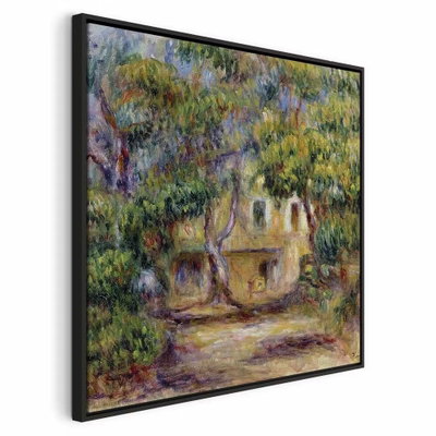 Pierre auguste renoir the – svart ram. Ett litet ljust hus omges av täta träd och grönska i en målning med blå, gula och violetta detaljer.