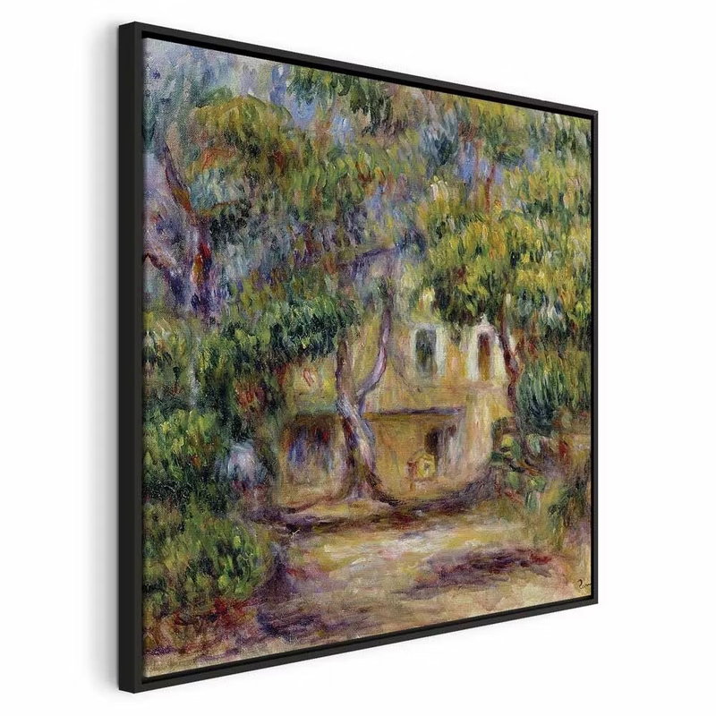 Pierre auguste renoir the – svart ram. Ett litet ljust hus omges av täta träd och grönska i en målning med blå, gula och violetta detaljer.