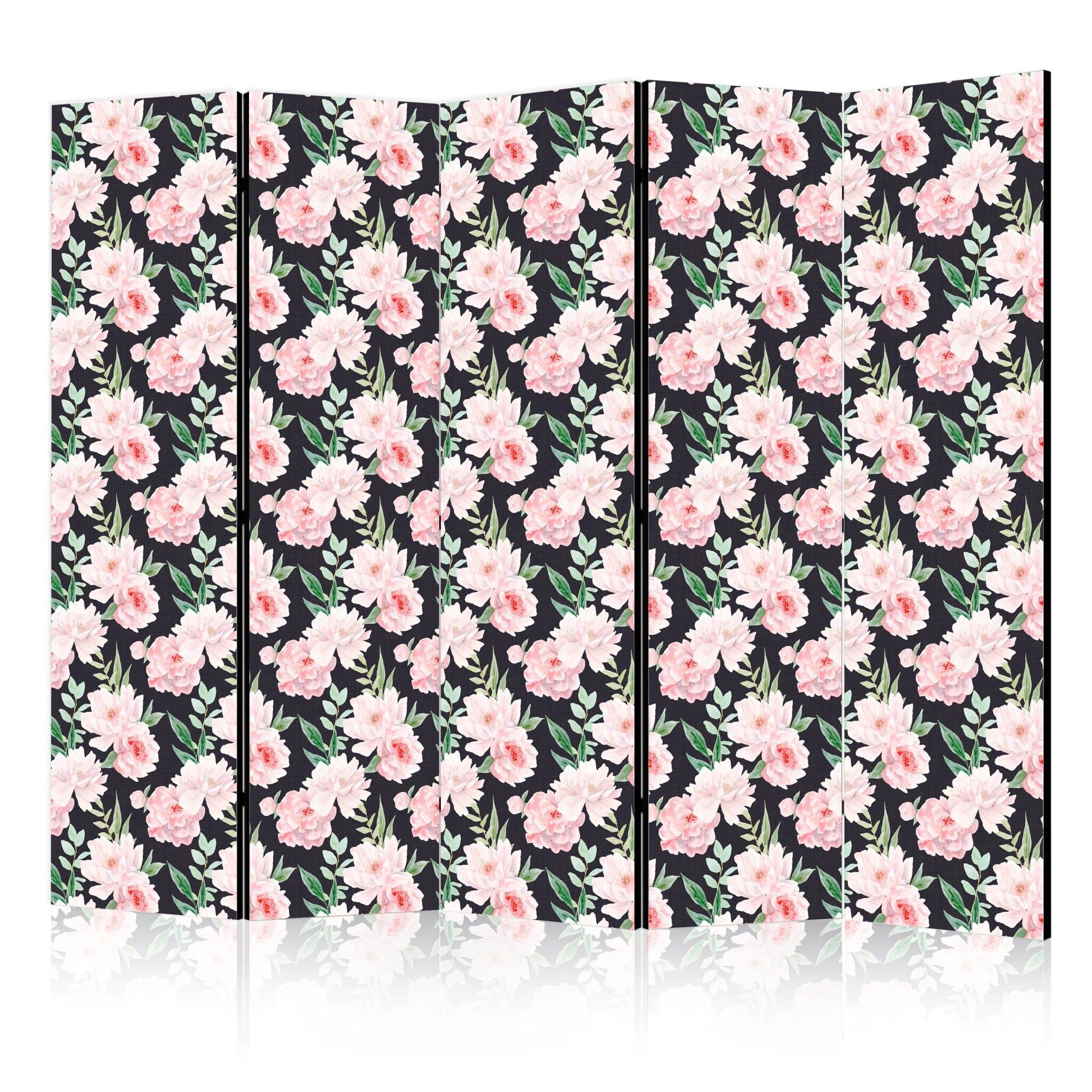 5-delad ljuddämpande rumsavdelare – Peonies - pink (225x172cm)