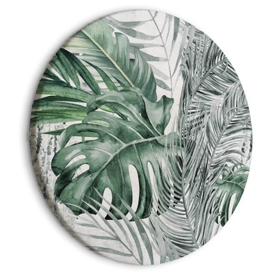 Rund motivvy för Exotic flora: Täta tropiska blad i mörkgrönt, grått och ljust grönt överlappar varandra.