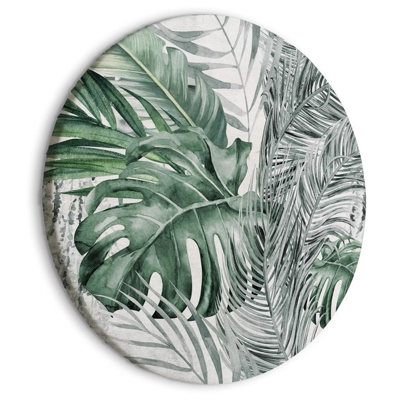 Rund motivvy för Exotic flora: Täta tropiska blad i mörkgrönt, grått och ljust grönt överlappar varandra.