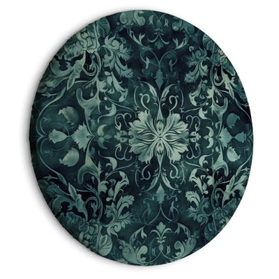 Rund motivvy för Oriental pattern carpet: Symmetriska bladornament i turkosgrönt och blått möts mot en mörk botten.