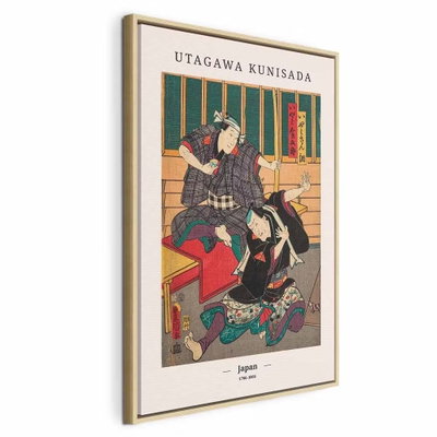 Woodcut vertical – naturfärgad ram. Gestalter i traditionella kläder med gröna och röda partier samlas i en japansk bild med tunna svarta linjer.