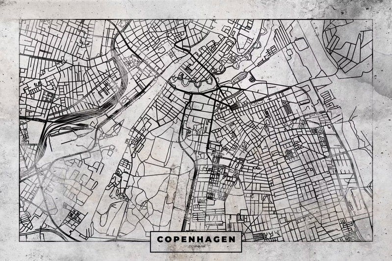 Copenhagen plan: Täta svarta gatulinjer och kvarter tecknar en Köpenhamnskarta på en flammig ljusgrå botten.