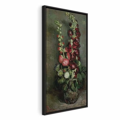 Vincent van gogh vase of – svart ram. Höga rosa och röda blommor står i en vas mot en dämpat grön bakgrund.