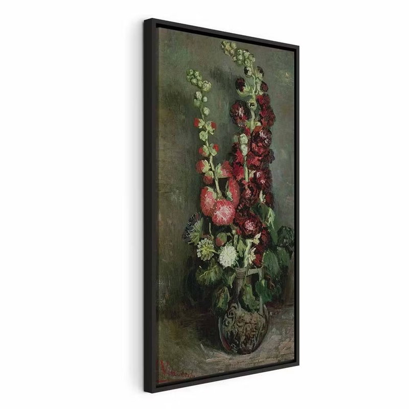 Vincent van gogh vase of – svart ram. Höga rosa och röda blommor står i en vas mot en dämpat grön bakgrund.