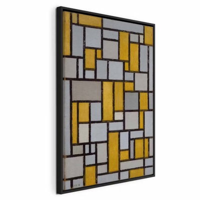 Piet mondrian composition – svart ram. Svarta linjer delar in ljusa och gula rektanglar i ett tätt geometriskt mönster.