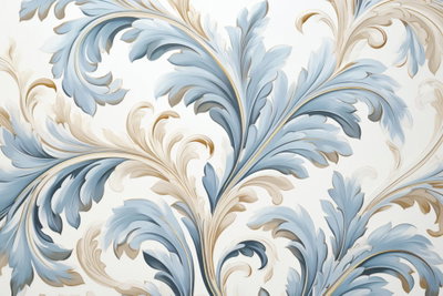 Baroque ornaments in light – motivvy. Stora, böjda bladformer i blågrått, crème och beige bygger ett tätt dekorativt mönster på vitt.