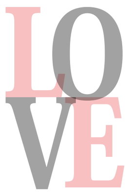 Grey love vertical – motivvy. Stora bokstäver i rosa och grått bildar ordet LOVE i två rader på vit botten.