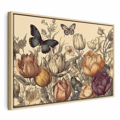 Colourful tulips on a cream – naturfärgad ram. Gula, rosa och rostfärgade tulpaner och fina blad möter mörka fjärilar på en ljust crèmefärgad botten.