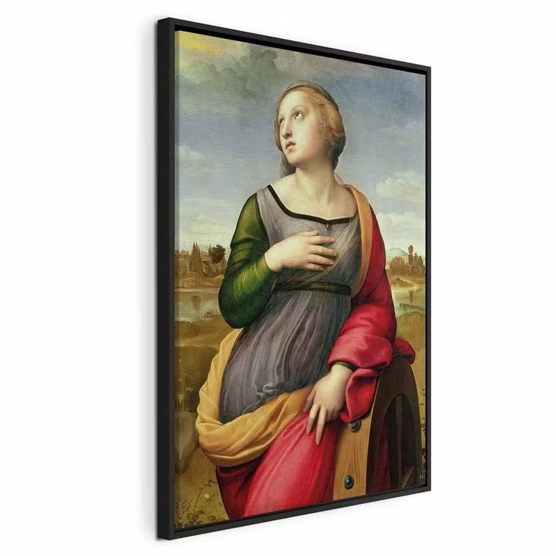 Rafael santi st catherine of – svart ram. En sittande kvinna i rött, grönt och gult blickar uppåt i ett klassiskt målat landskap.