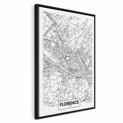 Florence map vertical – svart ram. Ett tätt nät av tunna svarta gator och kvarter fyller en vit stadskarta med ortsnamnet FLORENCE nedtill.