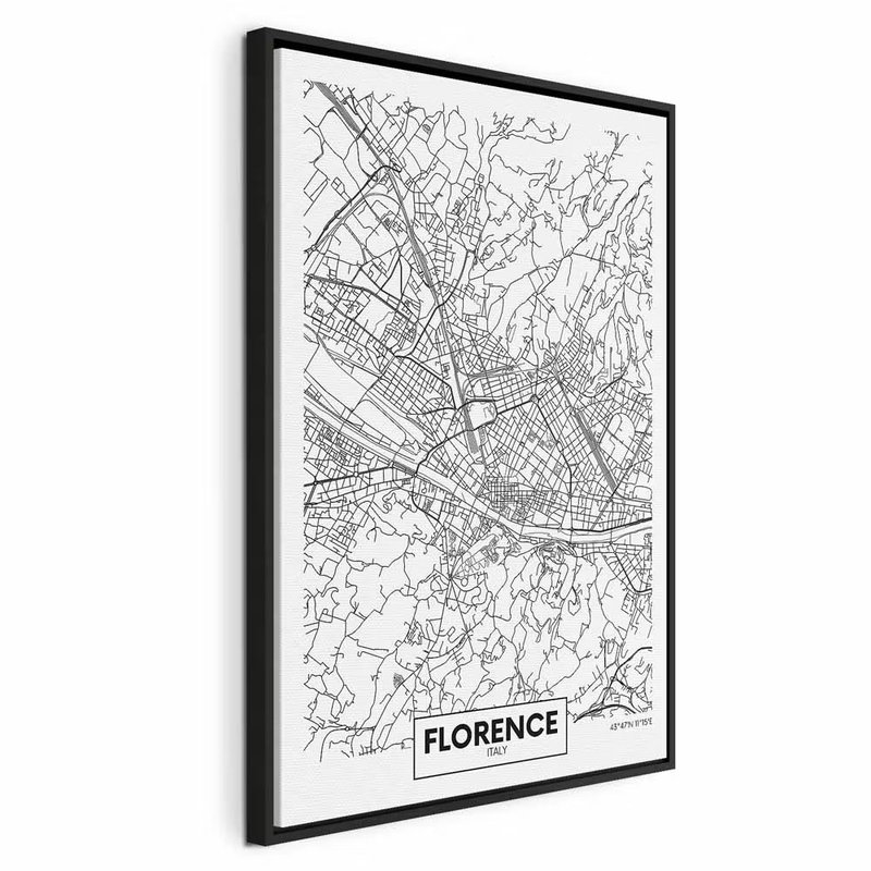 Florence map vertical – svart ram. Ett tätt nät av tunna svarta gator och kvarter fyller en vit stadskarta med ortsnamnet FLORENCE nedtill.