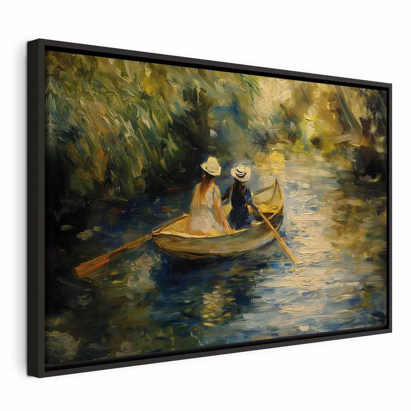 Boat crossing painting of – svart ram. Två personer i ljusa hattar sitter i en liten båt på grönblått vatten under skuggande växtlighet.