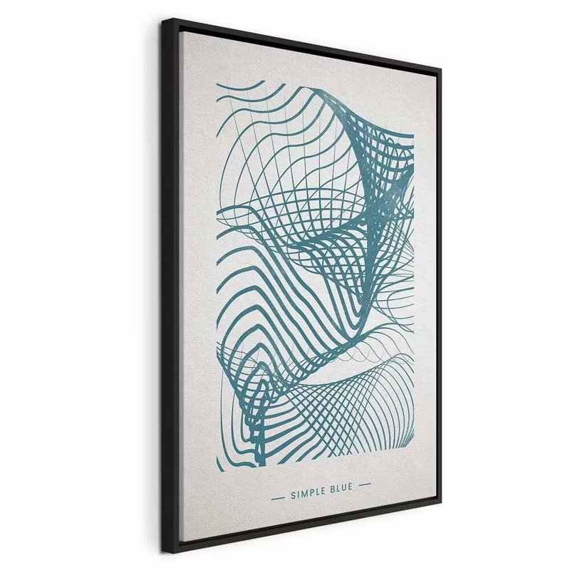 Simple blue vertical – svart ram. Tunna blå linjer bildar ett böljande rutnät mot en ljust gråvit bakgrund med liten typografi nedtill.