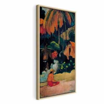 Paul gauguin mahana maa ii – naturfärgad ram. En sittande figur och stora palmer återges med kraftiga gröna, orange och blå färgpartier.