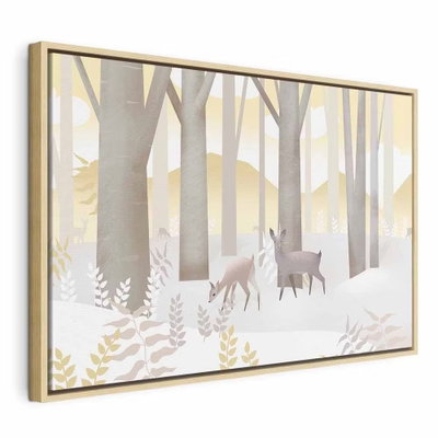 Fairy tale forest vertical – naturfärgad ram. Två stiliserade hjortdjur står bland höga, grå stammar och ljusa kullar i en snötäckt, gulvit skog.