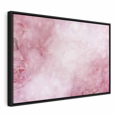 Pink power wide – svart ram. Ljusrosa och vita färgpartier blandas med mörkare rosenröda skuggor i en mjuk abstrakt komposition.