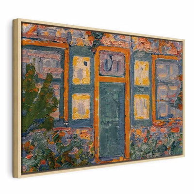 Piet mondrian house in – naturfärgad ram. En dörr och fönsterpartier återges med kraftiga orange, gröna och gula penseldrag.