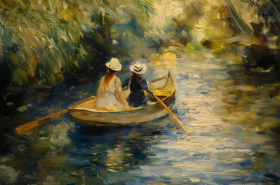 Boat crossing painting of – motivvy. Två personer i ljusa hattar sitter i en liten båt på grönblått vatten under skuggande växtlighet.