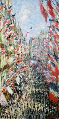 Claude monet the rue – motivvy. En smal gata fylls av små figurer och rader av röda, vita och blå flaggor som sträcker sig uppåt.