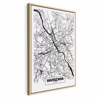 City plan warszawa vertical – naturfärgad ram. En bred, böjd flod löper genom ett tätt nät av tunna gator på en vit karta med namnet WARSZAWA.