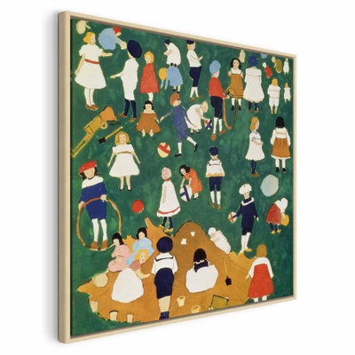 Kazimir malevich children – naturfärgad ram. Små gestalter i färgrika kläder samlas i en cirkelformad grupp på en grön målad yta.