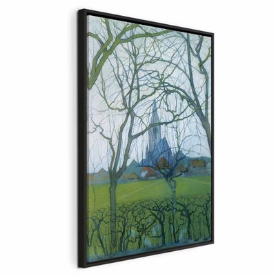 Piet mondrian st jacob and s – svart ram. Gröna och mörka kala trädgrenar slingrar sig framför ett öppet fält och en avlägsen kyrkbyggnad.