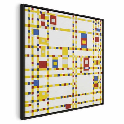 Piet mondrian broadway – svart ram. Små gula, röda och blå rutor bildar ett tätt rutnät kring större vita fält.