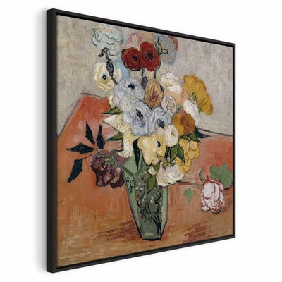 Vincent van gogh stilllife – svart ram. Röda, vita och gula blommor står i en vas på ett rostfärgat bord i ett målat stilleben.