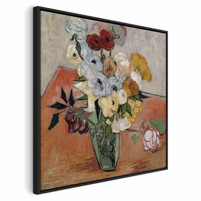 Vincent van gogh stilllife – svart ram. Röda, vita och gula blommor står i en vas på ett rostfärgat bord i ett målat stilleben.