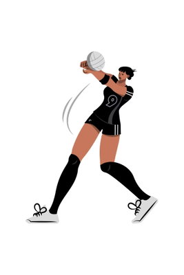 Female volleyball player – motivvy. En kvinna i svart idrottsdräkt sträcker armarna mot en rund boll mot en vit, avskalad bakgrund.