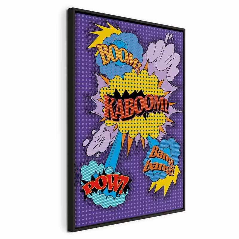 Kaboom vertical – svart ram. Stora serieliknande utrop och färgade pratbubblor ligger tätt mot en violett bakgrund.