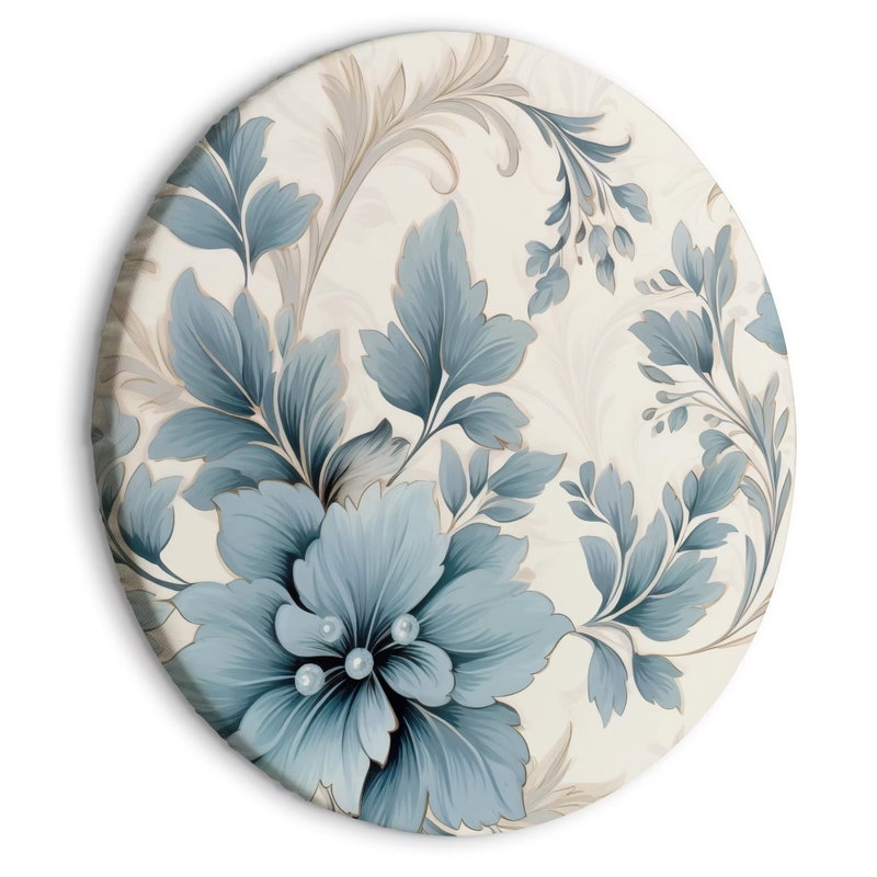 Rund motivvy för Turquoise flowers in retro: Stora blåturkosa blommor och mjuka bladslingor breder ut sig över en ljus bakgrund.