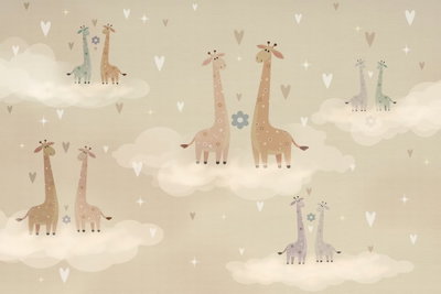 Love colorful giraffes – motivvy. Små giraffer i mjuka beige och grå toner står bland moln och ljusa hjärtan.
