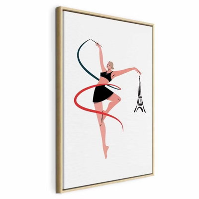 Rhythmic gymnastics – naturfärgad ram. En gymnast i svart och rosa rör sig med ett långt färgat band bredvid en liten teckning av Eiffeltornet.