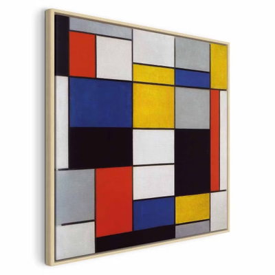 Piet mondrian composition – naturfärgad ram. Stora röda, gula, blå och svarta rektanglar möter vita fält inom raka mörka linjer.